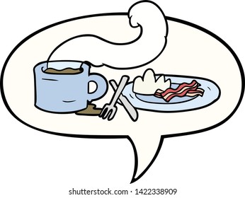 cartoon breakfast of coffee and bacon with speech bubble
