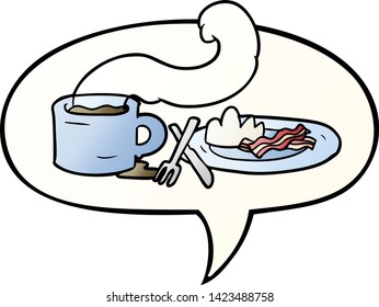 desayuno de dibujos animados de café y tocino con burbuja de habla en un estilo de gradiente suave