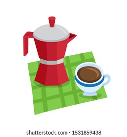 Cartoon breakfast with coffee isolated on white. Color modern illustration of geyser coffee machine and coffee for poster label and menu bakery shop.
