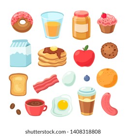 Cartoon breakfast food. Bagel bacon jam egg sandwich healthy fruit and juice. Breakfast meal isolated vector set