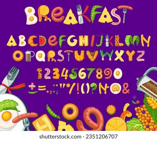 Fuente del desayuno de caricatura, tipo saludable, tipo de almuerzo, apetitoso alfabeto inglés. Tipografía vectorial abc con letras y números de tocino, huevos y tostadas, cruasanes, salchichas y frutas frescas