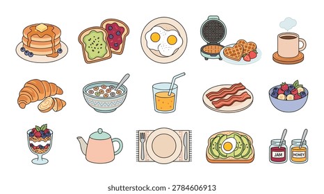 Cartoon breakfast food items including pancakes, toast with spreads, fried eggs, waffles, coffee, croissants, cereal, orange juice, bacon, fruit bowl, parfait, teapot