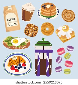 Cartoon breakfast food. Traditional French dishes. Bakery pastry products. Breakfast menu illustration with avocado toast and poached egg, pancakes, croissant, macarons and coffee