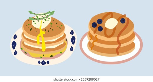 Cartoon breakfast food. Vector sweet pancakes with maple syrup and blueberries and savory pancakes with poached egg and asparagus