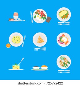 Cartoon Breakfast Menu for Home, Hotel, Cafe or Restaurant Set Dishs Concept Flat Design Style. Vector illustration of Food Morning
