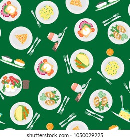 Cartoon Breakfast Menu Seamless Pattern Background on a Green Dishs Concept Flat Design Style. Vector illustration of Food Morning