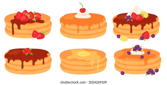 Cartoon breakfast pancake stacks with maple syrup and berry topping. Tasty pancakes with butter, chocolate, cream and strawberry vector set. Illustration of breakfast morning dessert, pancake homemade