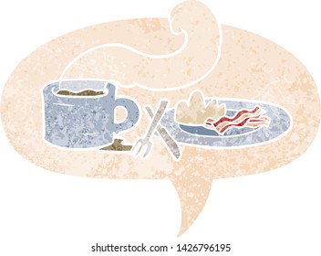 desayuno de dibujos animados con burbuja de habla en un estilo retro angustiado con textura grunge