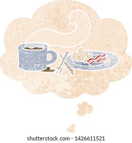 cartoon breakfast with thought bubble in grunge distressed retro textured style