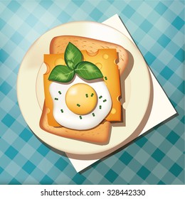 Cartoon breakfast. Toast, sandwich with cheese, egg, basil. Vector illustration