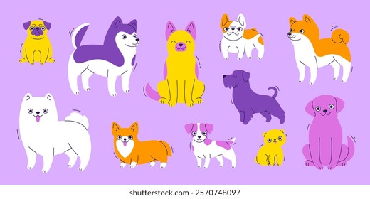 Cartoon breeds dogs set. Vector colorful puppies collection. Funny dogs bundle.