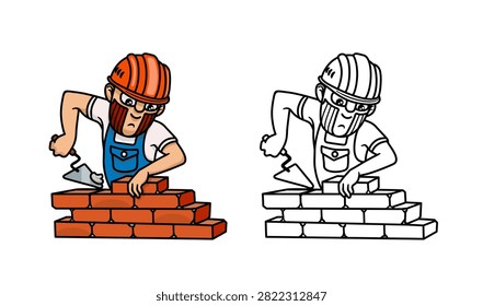 Cartoon bricklayer building brick