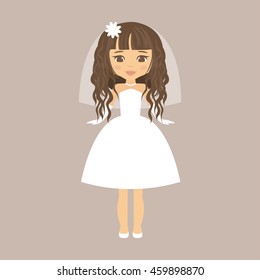 cartoon bride with curly hair in a short dress