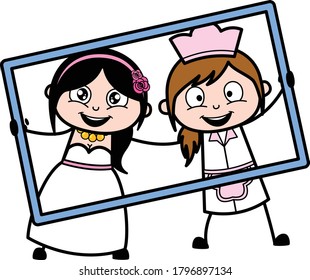 Cartoon Bride in frame with waitress Character Design Illustration