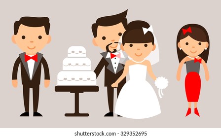 cartoon bride and groom and a cake with witness