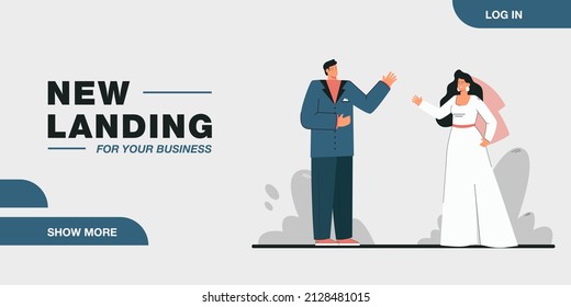 Cartoon bride and groom getting married. Man in tuxedo and woman in wedding dress flat vector illustration. Love, relationship, romance, marriage concept for banner, website design or landing web page