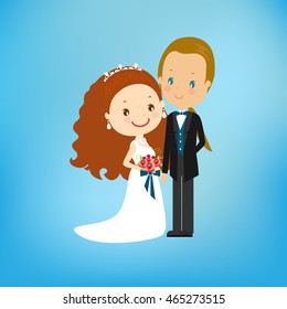 Cartoon bride and groom with long hair on blue background