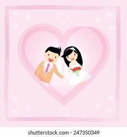 Cartoon bride and groom on pink ornamental background.