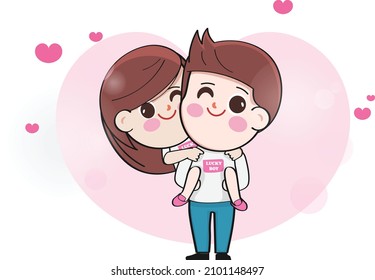 Cartoon bride and groom on wedding background of pink hearts.