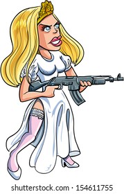 Cartoon bride with a machine gun. Isolated on white