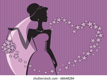 Cartoon Bride Silhouette With Floral Heart