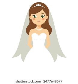 A cartoon bride wearing a white dress and veil in a wedding attire