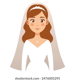 Cartoon bride in wedding dress and veil, showing face, hair, and attire