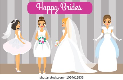 Cartoon brides. Happy females in fashionable wedding dresses. Attractive fiancee women