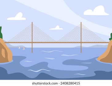 Arquitectura del puente de dibujos animados. Suspensión de la travesía del río. Naturaleza, Paisaje. Ilustración de vectores planos.