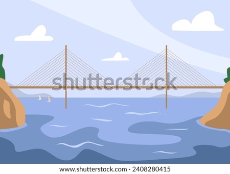 Cartoon Bridge Architecture. Suspension River Crossing Bridgework. Nature, Landscape. Flat Vector Illustration. Stock foto © 
