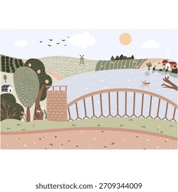 Cartoon bridge vector on rural scene illustration