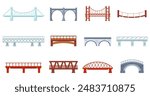 Cartoon bridges. Stone metal wooden bridge for urban and rural architecture. Railway tram span, urban industrial constructions nowaday vector set