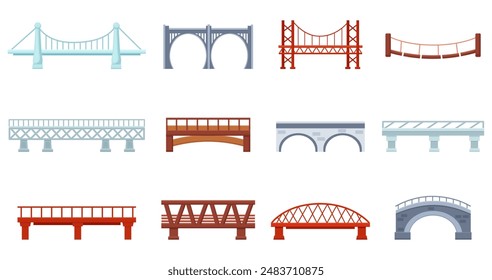 Cartoon bridges. Stone metal wooden bridge for urban and rural architecture. Railway tram span, urban industrial constructions nowaday vector set