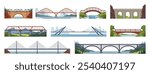 Cartoon bridges. Urban and river crossover architecture, arched, hanging, cable stayed and rustic wooden constructions, road ferriage cartoon flat style isolated nowaday vector set