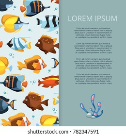Cartoon bright aquarium color fish banner poster design. Vector illustration