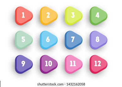 Cartoon bright arrow bullet point set 1 to 12. Web buttons collection