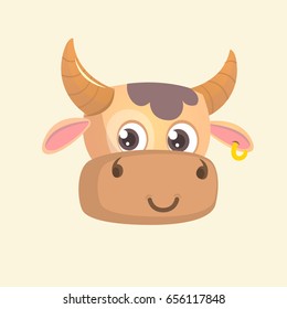 Cartoon bright brown smiling cow portrait mascot. Vector icon of a cute cow. Illustration or logo isolated on white