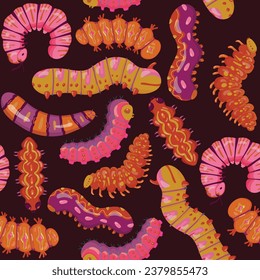 cartoon bright caterpillars, slugs and hairy centipedes Seamless pattern on black background. Insects background. For banner, children, pattern, decorative. Vector illustration