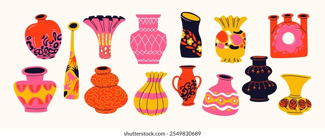 Cartoon bright ceramic flower vases. Porcelain pots, jugs, vases, jars with patterns for home decor. Antique vintage home comfort items. Vector stickers set