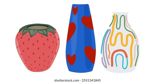 Cartoon vasos de flores de cerâmica brilhante de várias formas e tamanhos. Decoração de casa para interior acolhedor. Artigos de conforto caseiro vintage. Ilustração de vetor bonito em estilo plano em fundo branco isolado