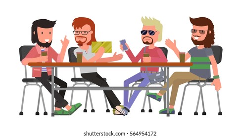 cartoon bright, colorful banner hipsters group of friends talking, chatting sitting at a table in the cafe, bar, restaurant. vector illustration. Flat design style. Isolated on a white background.