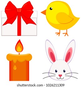 Cartoon Bright Colorful Easter Icon Set Chicken Chick, Bunny Face, Candle, Gift Box. 