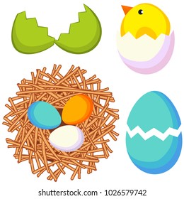 Cartoon bright colorful easter icon set chicken nest egg shell. Vector illustration for gift card, flyer, certificate or banner, icon, logo, patch, sticker