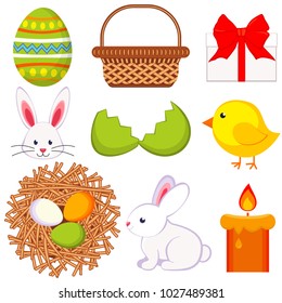 Cartoon bright colorful easter icon set 9 elements. Vector illustration for gift card, flayer, certificate or banner, icon, logo, patch, sticker