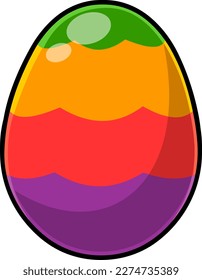 Cartoon Bright Colorful Painted Easter Egg With Wavy Lines. Vector Hand Drawn Illustration Isolated On Transparent Background