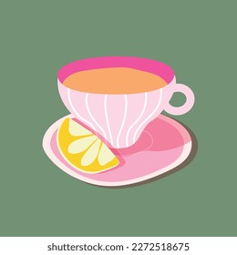 Cartoon bright cup of tea with lemon isolated on dark background. Tea break.Vector cartoon. You can use on the menu, in the store, in the bar, cards or stickers.