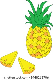 Cartoon  bright delicious pineapple with pieces of fruit