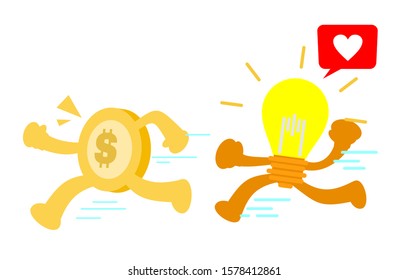 cartoon bright electric lamp idea love gold coin money dollar economy doodle vector illustration flat design style