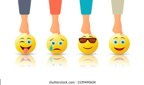 Cartoon bright emoticons concept with male hands holding funny cute emojis. Isolated vector illustration