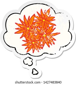desenhos animados flores brilhantes com bolha de pensamento como um adesivo desgastado angustiado